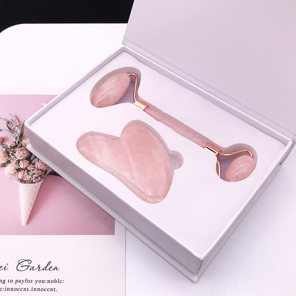 Pink Crystal Facial Roller Set Jade Massager for Skincare and Body
