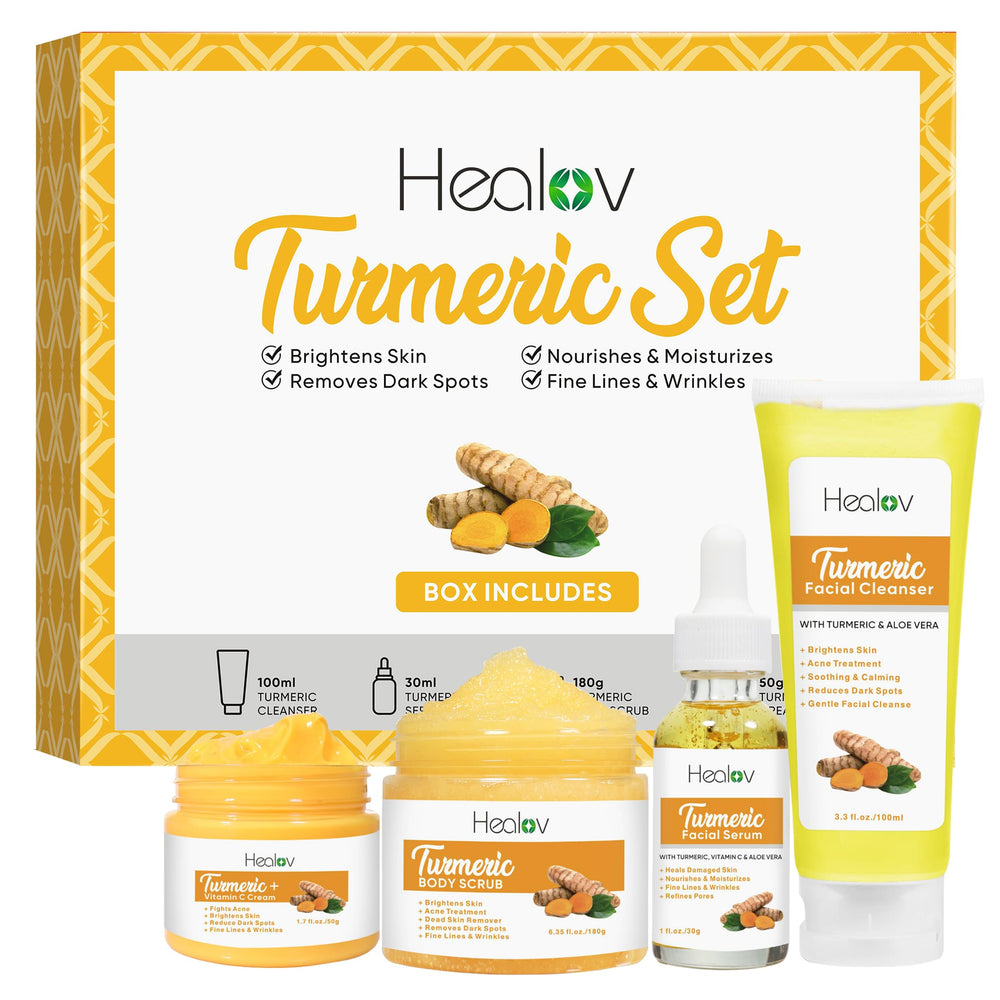 Healov Turmeric Skincare Set - Turmeric Skin Care Products Brightening & Acne - Turmeric Skin Care Kit Turmeric Skin Care Set - Turmeric Cleanser Body Scrub Face Cream & Facial Serum