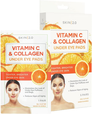 Skin 2.0 Vitamin C & Collagen Under Eye Patches - Dermatologist Tested - Brightens Dark Circles Tightens Under Eye Skin Anti-Aging - Natural Ingredients Korean Skin Care - All Skin Types - 5 Pairs