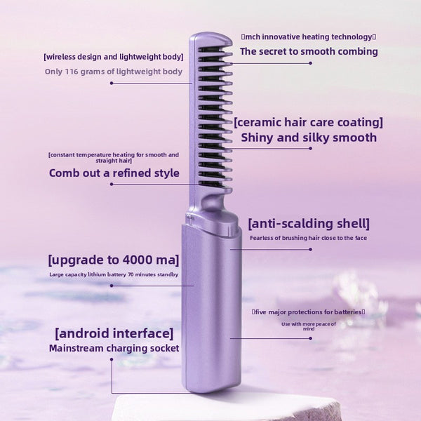 Rechargeable portable travel straight hair comb negative ion hair care electric comb wireless curling iron