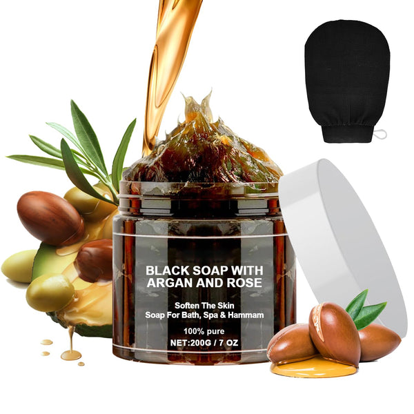 Morocco Black Soap With Argan and Rose Black Soap Zawina Morocco Black Beldi Soap Morocco Body Scrub Moroccan Black Soap with Glove