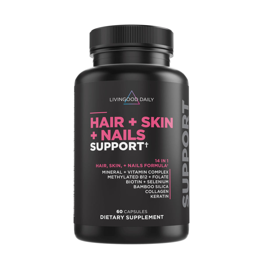 Livingood Daily Hair Skin & Nails Vitamins for Women & Men - 14-in-1 Nail & Hair Supplement Support Healthy Soft & Smooth Skin - Non-GMO & Gluten-Free Pills for Overall Hair Skin & Nails Health