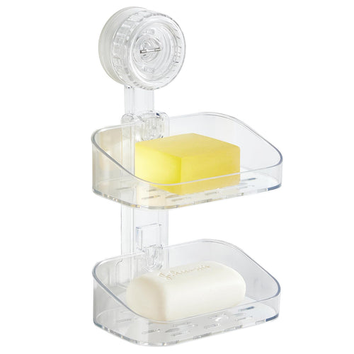 DEEIF Soap Dish for Shower Suction Cup Bathroom Double Soap Dish Holder for Shower Wall Self Draining Shower Bar Soap Holder (Clear- 2 Tier)